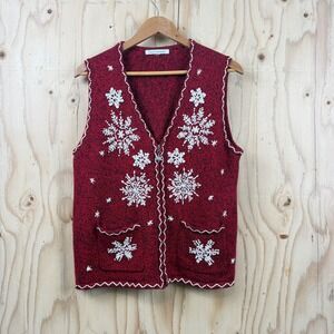 Mercer Street Studio Sweater Vest Women Med Red  Snowflake Holiday Zip